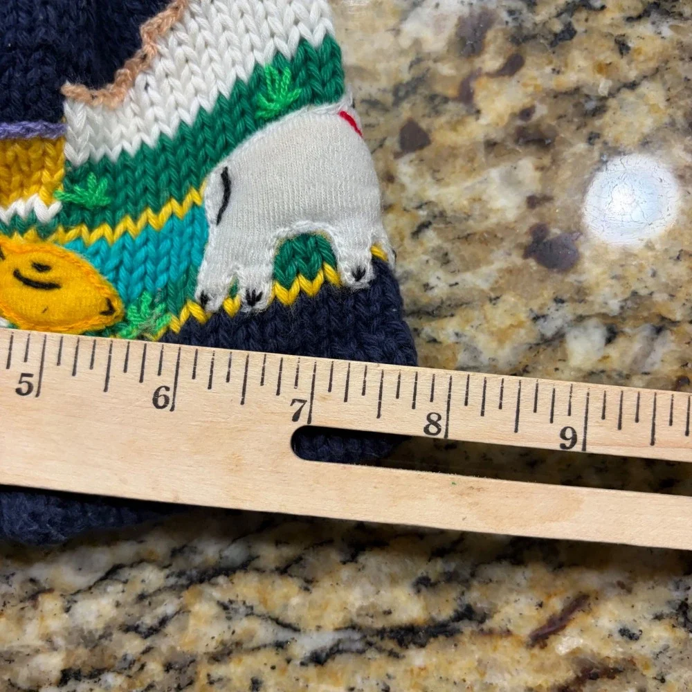 Vintage Hand Knit Farm Animal Beanie Navy Blue Dog Pig Sheep Chick Kids Hat